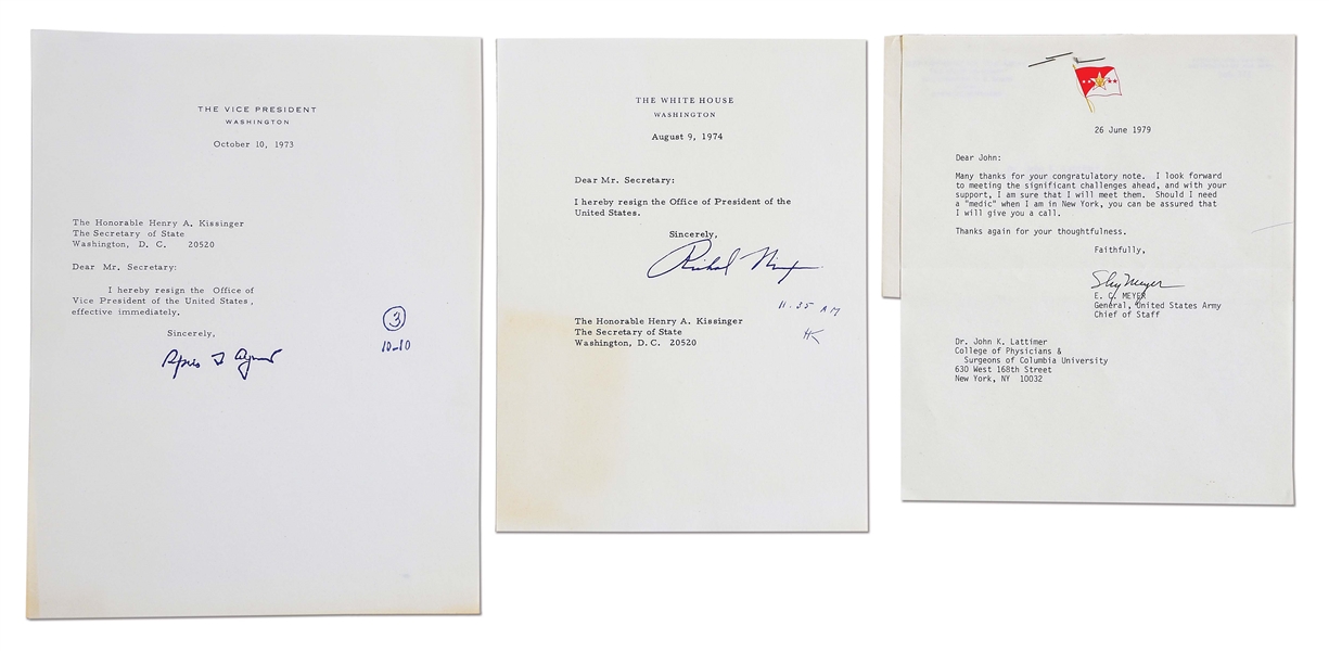 LOT OF 3: EDWARD C. MEYER, RICHARD NIXON, AND SPIRO T. AGNEW SIGNED LETTERS.