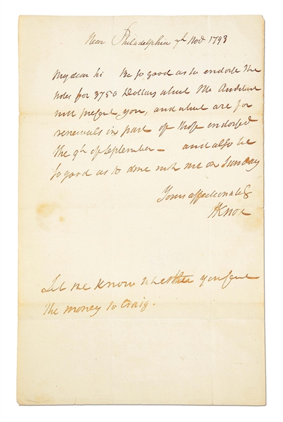 1793 AUTOGRAPH LETTER SIGNED BY HENRY KNOX.
