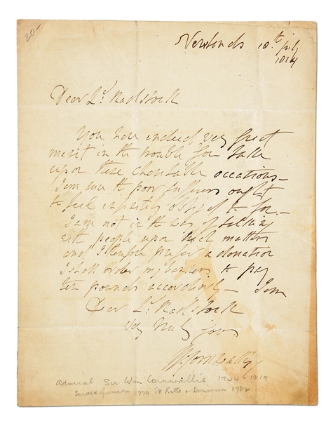 AUTOGRAPH LETTER SIGNED BY ADMIRAL WILLIAM CORNWALLIS, EX-LATTIMER.