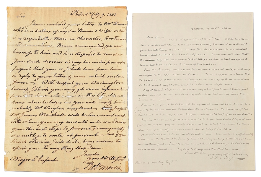 LOT OF 2 LETTERS: JOHN JAY TO PIERRE L’ENFANT AND ROBERT MORRIS TO SON PETER
