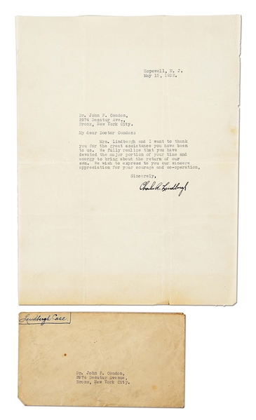 LETTER SIGNED BY CHARLES LINDBERGH TO DR. JOHN CONDON REGARDING THE LINDBERGH KIDNAPPING.
