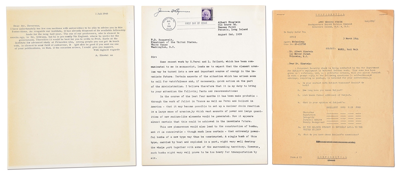 CONFIDENTIAL ARMY SERVICE FORCES DOCUMENTS FOR MANHATTAN PROJECT SIGNED BY ALBERT EINSTEIN.