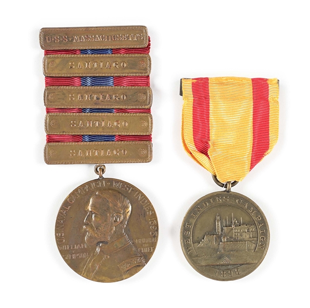 US SPANISH AMERICAN WAR USS MASSACHUSETTS SAMPSON MEDAL AND WEST INDIES CAMPAIGN MEDAL.
