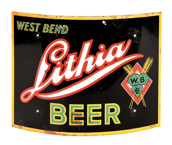 WEST LITHIA BEER PORCELAIN CURVE SIGN W/ WHEAT & BARLEY GRAPHIC.