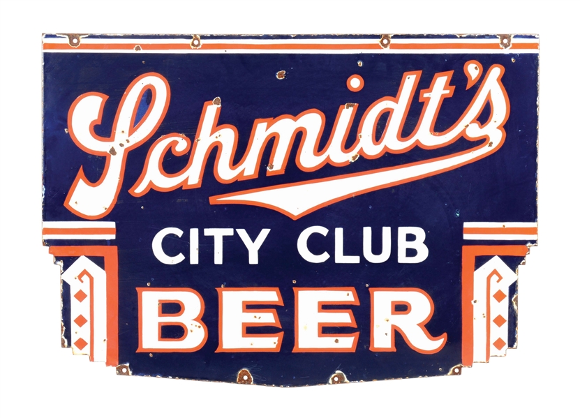 SCHMIDT’S CITY CLUB BEER DOUBLE-SIDED PORCELAIN SIGN.