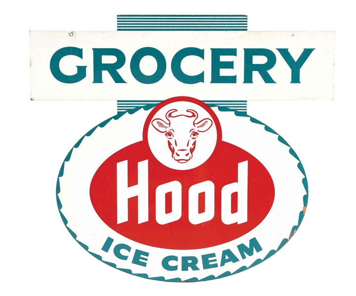 HOOD ICE CREAM PAINTED METAL SIGN W/ COW GRAPHIC.