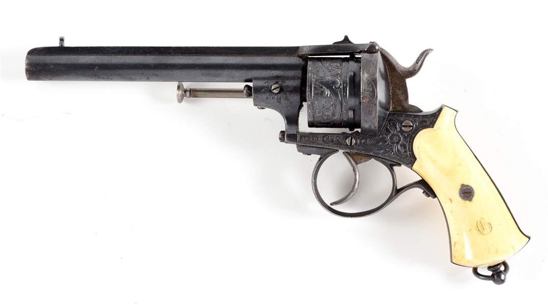 (A) NICELY ENGRAVED DOUBLE ACTION PINFIRE REVOLVER WITH IVORY GRIPS.