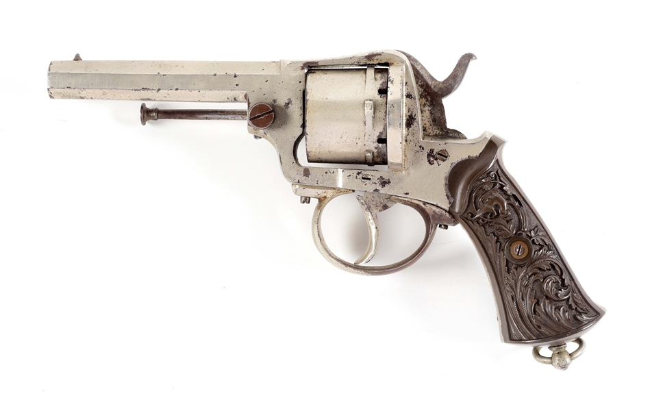 (A) UNMARKED NICKEL PLATED DOUBLE ACTION PINFIRE REVOLVER.