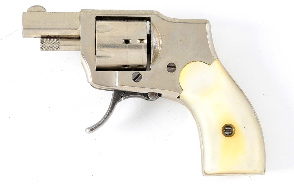 (A) NICKEL PLATED BABY HAMMERLESS EJECTOR MODEL 1928 FOLDING TRIGGER DOUBLE ACTION REVOLVER WITH PEARL GRIPS.