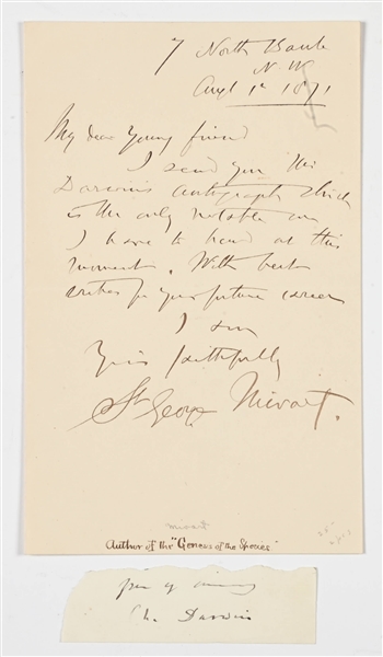 CHARLES DARWIN CLIPPED SIGNATURE RETAINED BY ST. GEORGE MIVART.