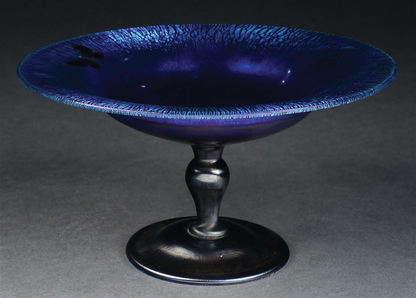 TIFFANY STUDIOS BLUE IRIDESCENT COMPOTE W/ BUTTERFLY.