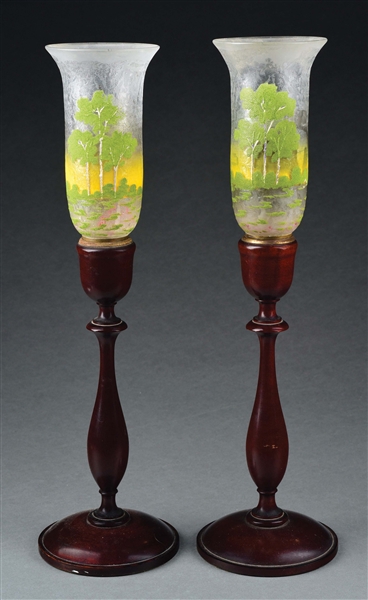 PAIR OF PAIRPOINT SCENIC CANDLE LAMPS.