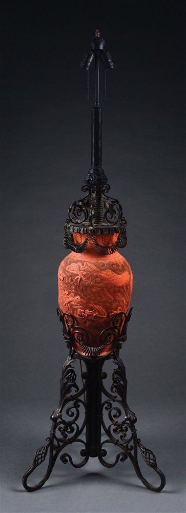 19TH CENTURY IRON & CHINESE TERRACOTTA FLOOR LAMP BASE.