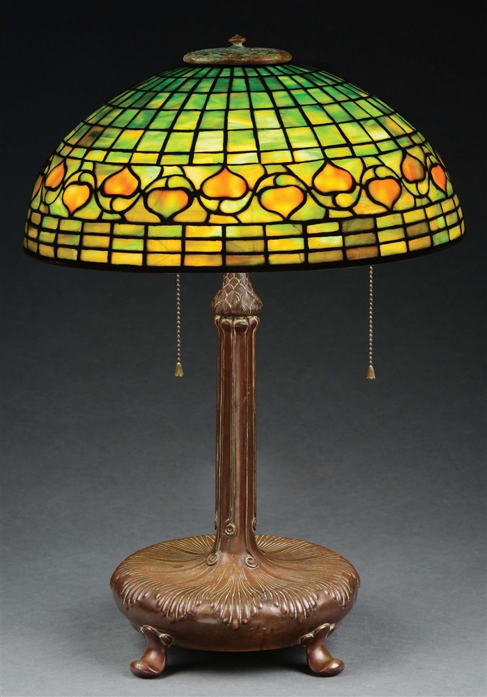 TIFFANY STUDIOS ACORN LEADED GLASS TABLE LAMP.