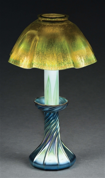 TIFFANY STUDIOS BLUE AND GOLD IRIDESCENT CANDLE LAMP.