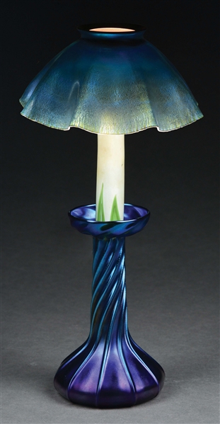 TIFFANY STUDIOS BLUE IRIDESCENT CANDLE LAMP.