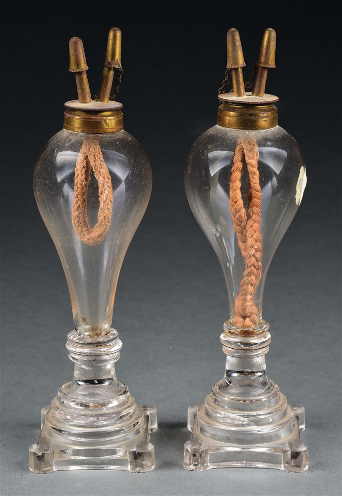 PAIR OF MATCHING ANTIQUE WHALE OIL LAMPS.