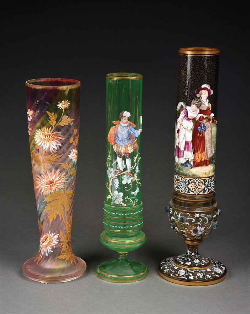 LOT OF 3: GLASS FIGURAL AND FLORAL VASES.