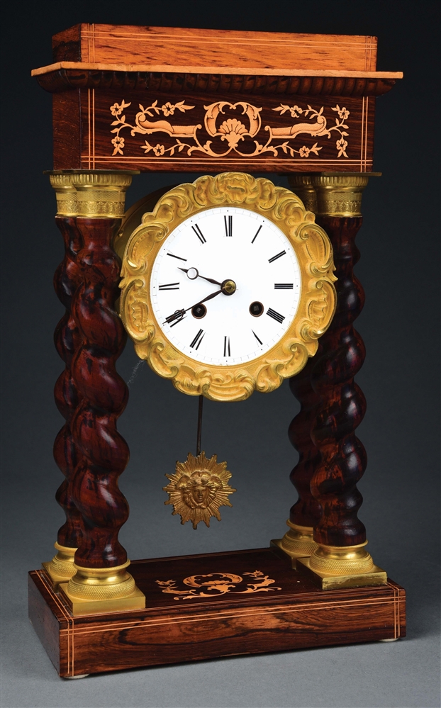FRENCH WOOD INLAY PORTICO CLOCK.