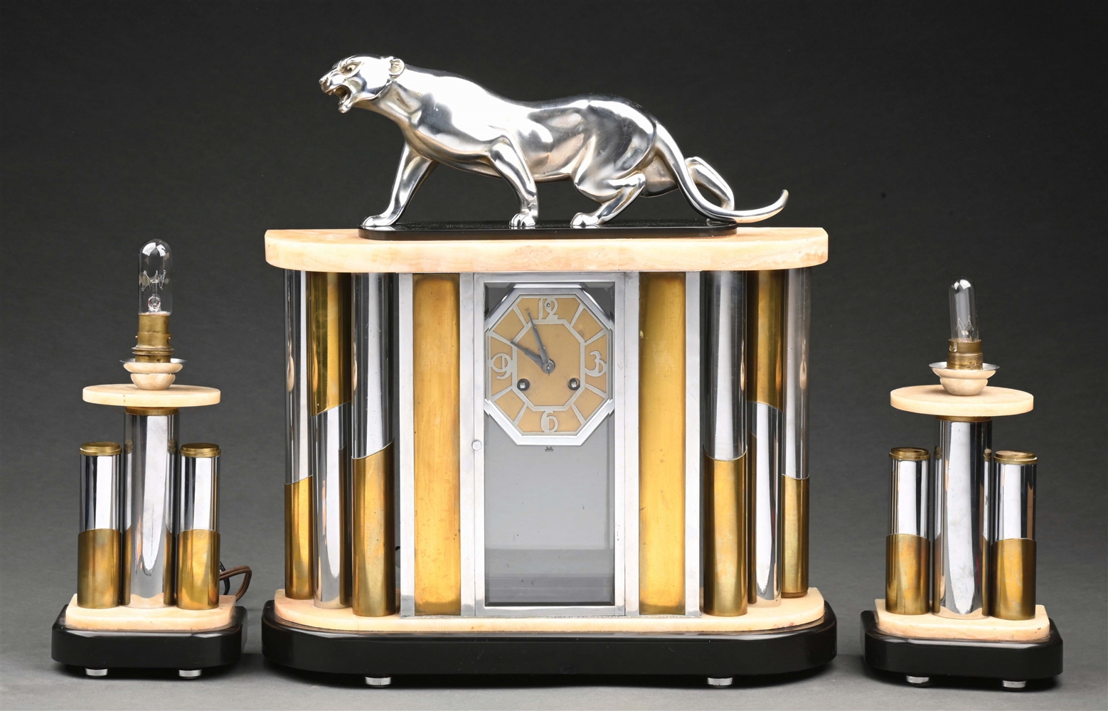 SUPERB FRENCH ART DECO MARBLE MANTLE CLOCK W/ FIGURAL PANTHER.
