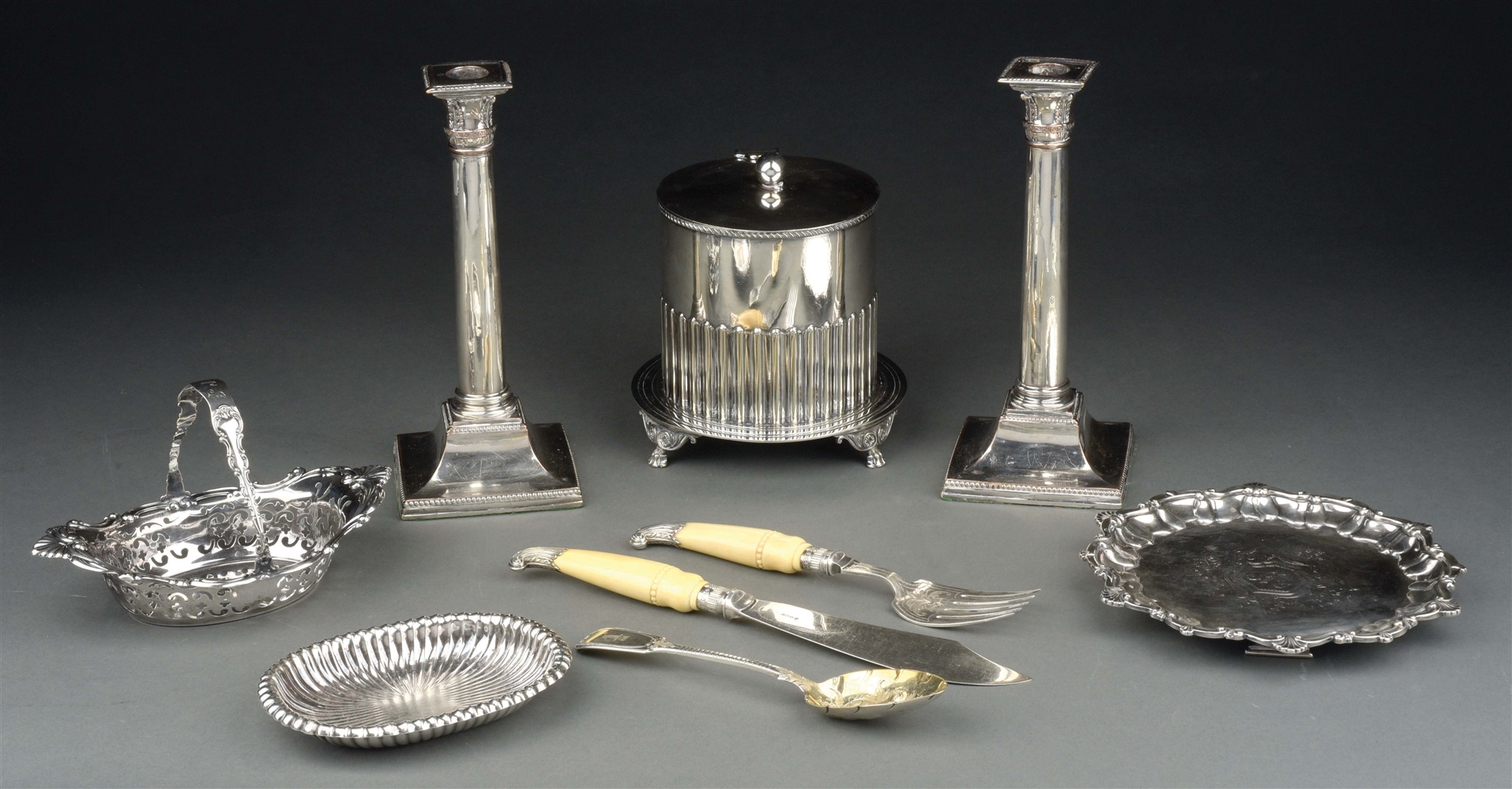 AN ENGLISH SILVER PLATE BISCUIT BARREL AND OTHER ANTIQUE PLATE. 