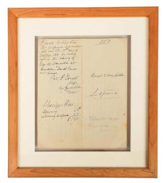 OCTOBER 1881 LINCOLN COUNTY SUBPOENA SIGNED BY JOHN POE FOR PAT GARRETT