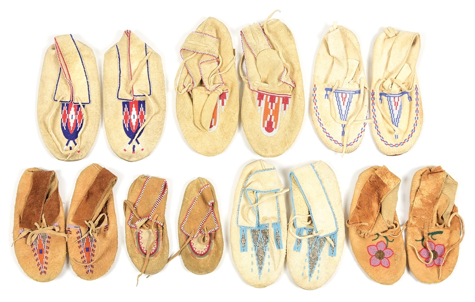 SEVEN (7)  PAIR OF BEADED MOCCASINS