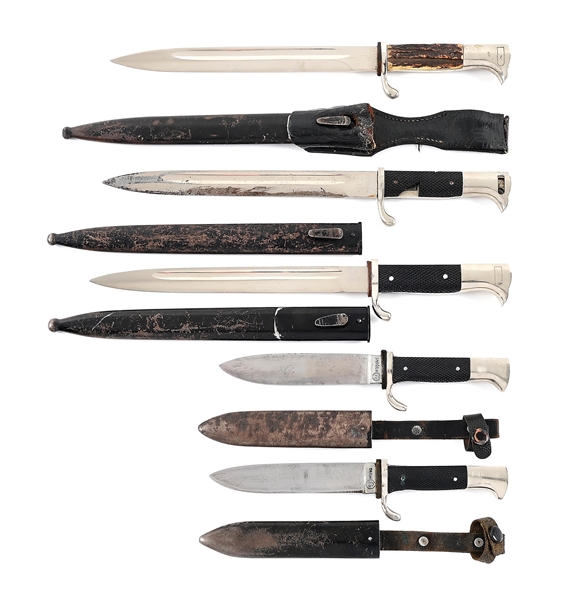 LOT OF 5: 3 THIRD REICH DRESS BAYONETS AND 2 HITLER YOUTH KNIVES.