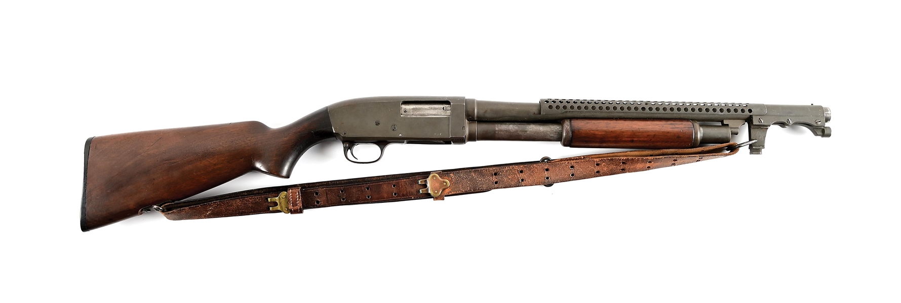 (C) STEVENS MODEL 620 SLIDE ACTION TRENCH SHOTGUN.