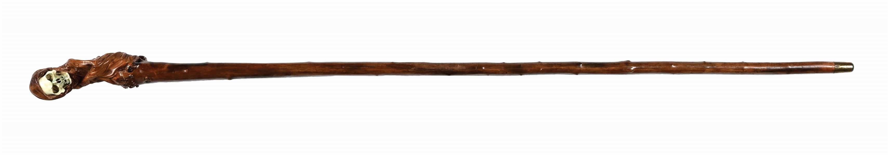 RARE ANTIQUE WALKING STICK CANE W/ CARVED WOODEN REAPER W/ IVORY SKULL FACE