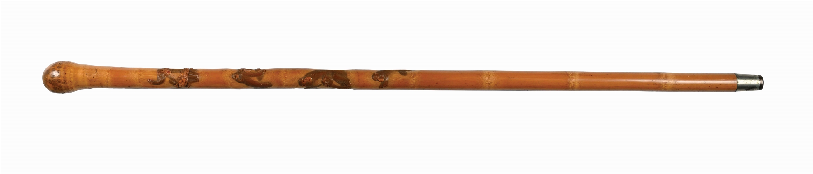 ANTIQUE WALKING STICK CANE W/ CARVED WOODEN SINGLE-PIECE CANE W/ 5 EMBOSSED MONKEYS