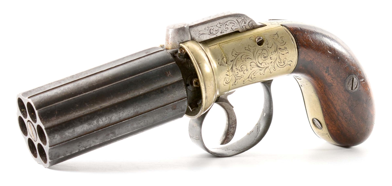 (A) ENGLISH PERCUSSION PEPPERBOX PISTOL.