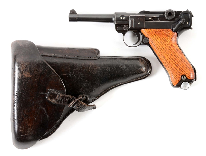 (C) REFINISHED IMPERIAL GERMAN DWM "1915" DATE P.08 LUGER SEMI-AUTOMATIC PISTOL WITH FUAX "SS" MARKED HOLSTER.