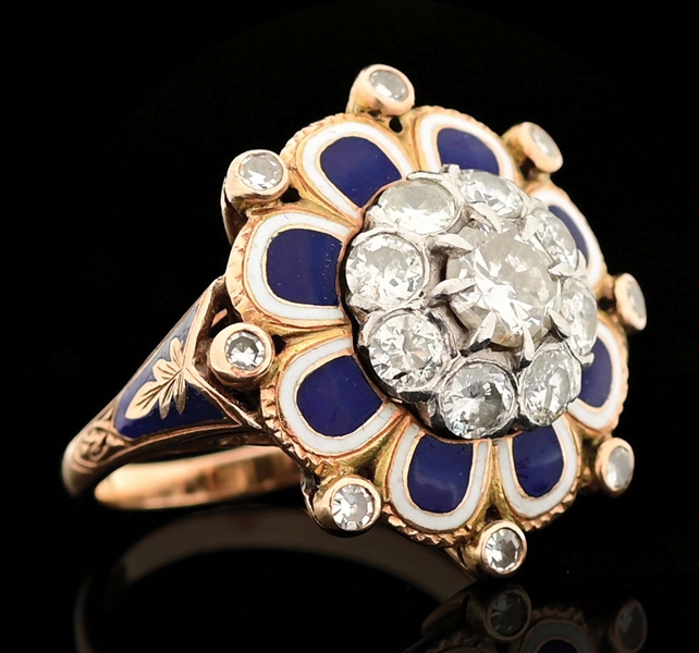 LADIES ANTIQUE 14K YELLOW GOLD DIAMOND AND ENAMEL RING.