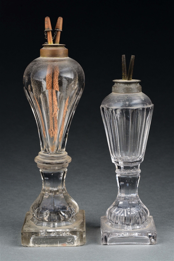 PAIR OF EARLY GLASS WHALE OIL LAMPS.