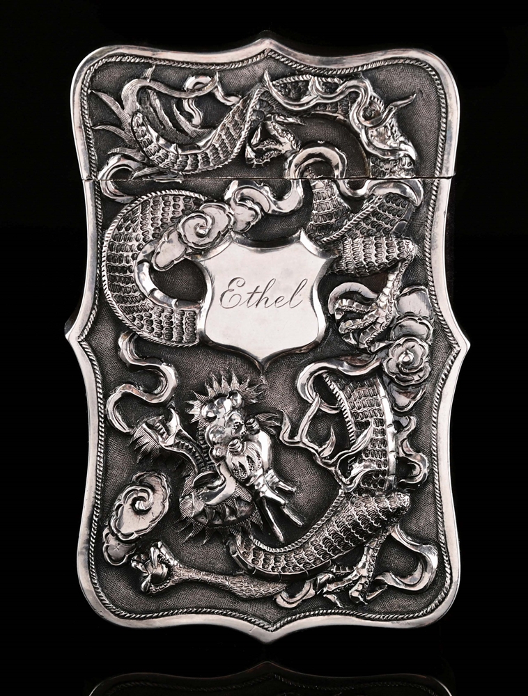 CHINESE EXPORT SILVER DRAGON CARD CASE FOR KWAN WO, CIRCA 1890.