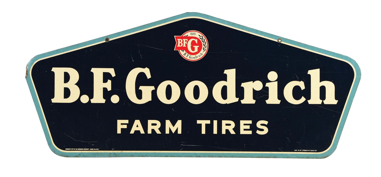 B.F. GOODRICH PAINTED METAL FARM TIRES SIGN W/ BFG LOGO.