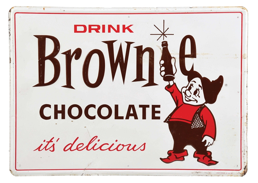 DRINK BROWNIE CHOCOLATE SODA EMBOSSED TIN SIGN W/ ELF GRAPHIC.