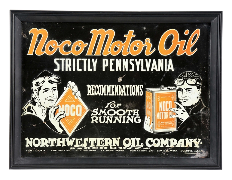 VERY RARE NOCO MOTOR OIL "STRICTLY PENNSYLVANIA" EMBOSSED TIN SIGN W/ ADDED WOOD FRAME. 