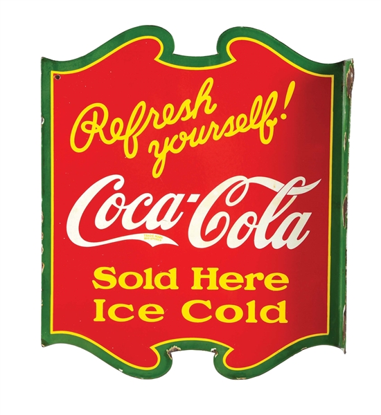 COCA-COLA "REFRESH YOURSELF!" DIE-CUT PORCELAIN FLANGE SIGN.