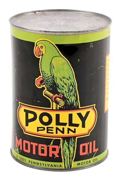POLLY PENN MOTOR OIL ONE QUART CAN W/ PARROT GRAPHIC. 