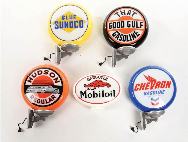 COLLECTION OF FIVE: REPRODUCTION GASOLINE & MOTOR OIL GLOBES W/ WALL SCONCE ATTACHMENTS. 