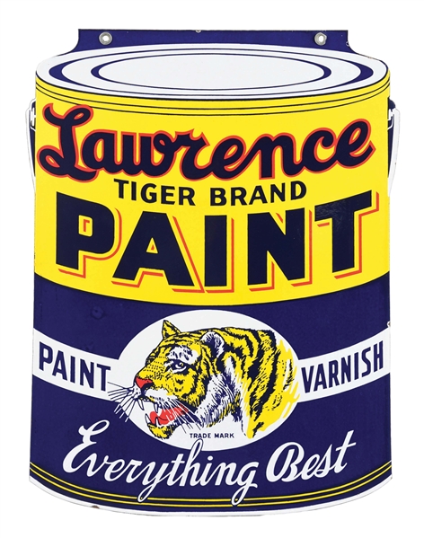 OUTSTANDING LAWRENCE TIGER BRAND PAINT PORCELAIN SIGN W/ TIGER GRAPHIC. 