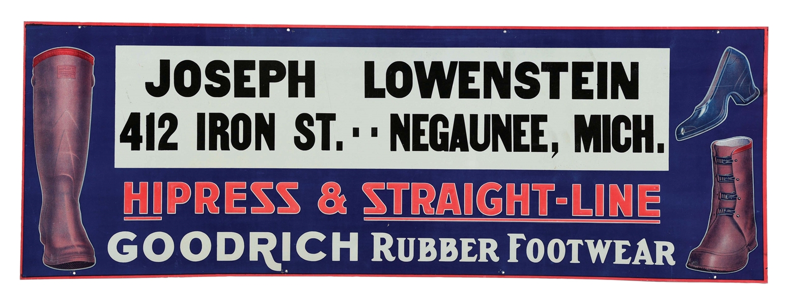 OUTSTANDING GOODRICH RUBBER FOOTWEAR EMBOSSED TIN SIGN W/ BOOT & SHOE GRAPHIC. 