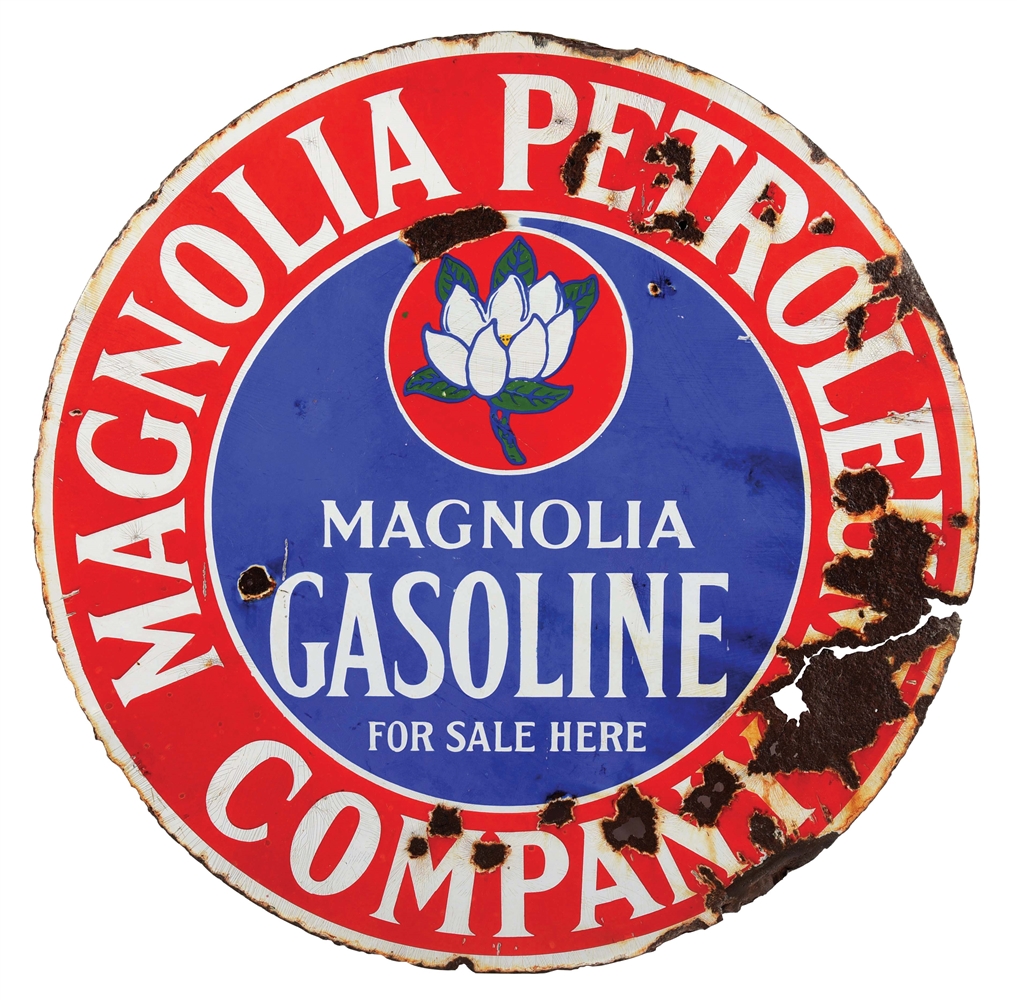 MAGNOLIA GASOLINE "FOR SALE HERE" PORCELAIN SERVICE STATION SIGN. 