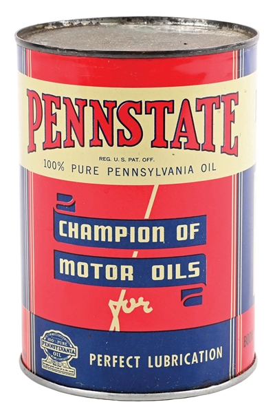 PENNSTATE "CHAMPION OF MOTOR OILS" ONE QUART CAN W/ BANNER GRAPHIC. 