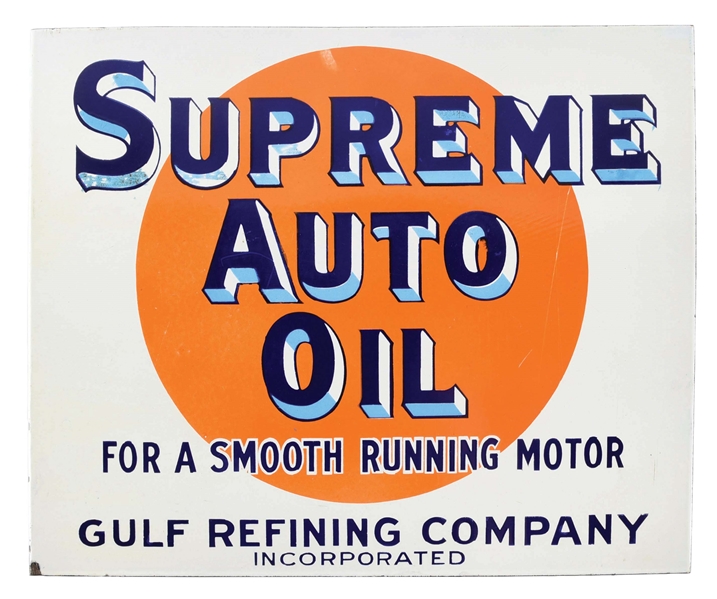 GULF SUPREME AUTO OIL PORCELAIN SERVICE STATION FLANGE SIGN.