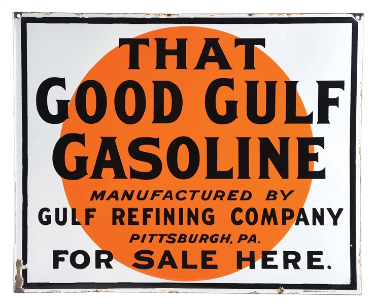 THAT GOOD GULF GASOLINE PORCELAIN SERVICE STATION FLANGE SIGN.