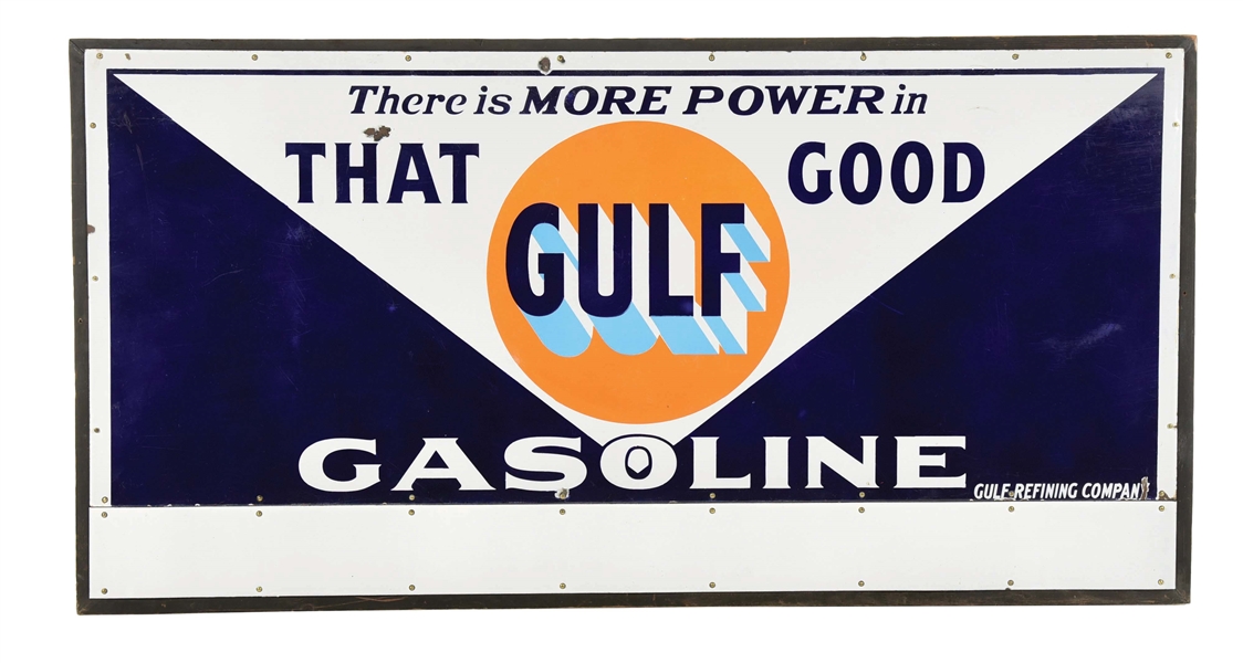 THAT GOOD GULF GASOLINE PORCELAIN SERVICE STATION SIGN W/ ORIGINAL WOOD BACKING & PRIVILEGE PANEL. 