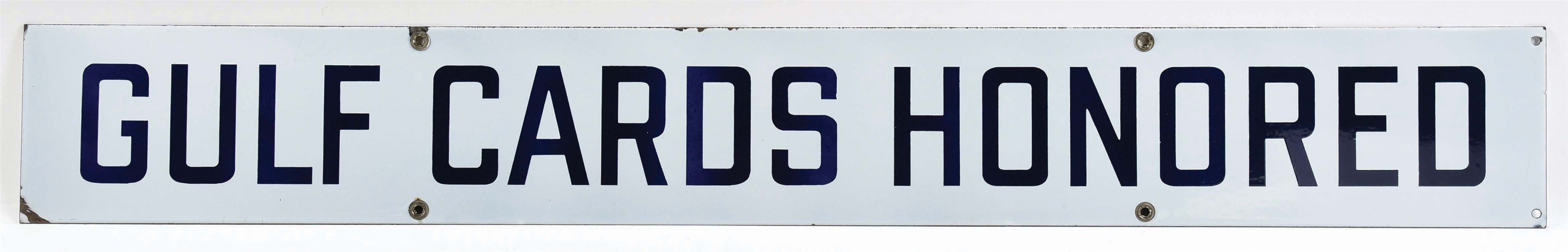 Lot Detail - GULF CARDS HONORED PORCELAIN SERVICE STATION SIGN.